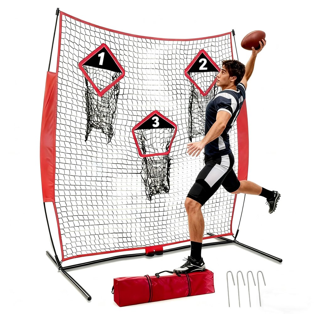 MiniTang Football Throwing Target Net - 6x6FT 7-Ply Knotless Polyester Training Equipment with 3 Catching Zones for Youth Adult - Heavy Duty Steel Base System for Backyard Field Practice