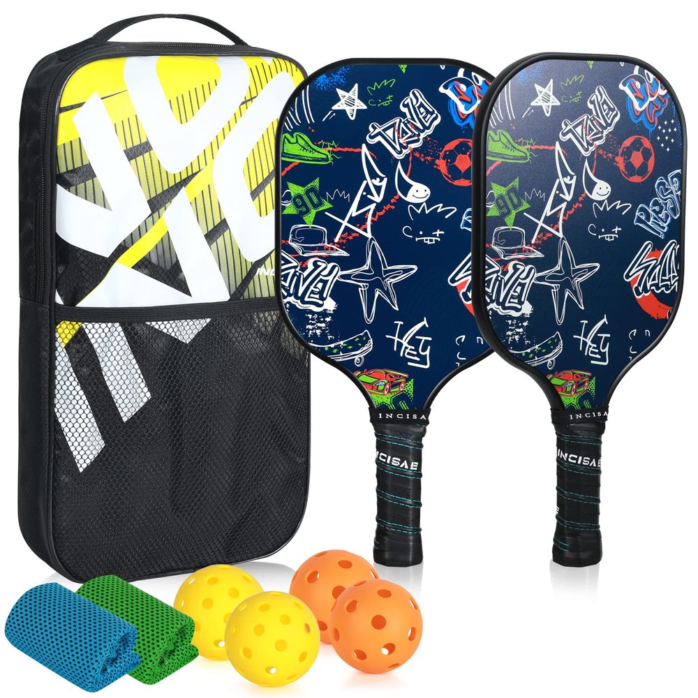 Pickleball-Set of 2Incisae Pickleball Paddles, Fiberglass Pickleball Rackets, Cooling Towel and Pickleball Bag - Indoor & Outdoor Pickleball Set for Beginners & Intermediate Players