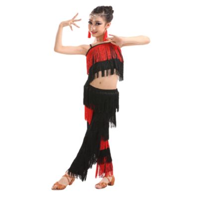 1set / Tassel Latin Dance Set Ballroom Girl Fringe Pants und Top Solid Fringe Latin Contest Dance Dress,Pink,170