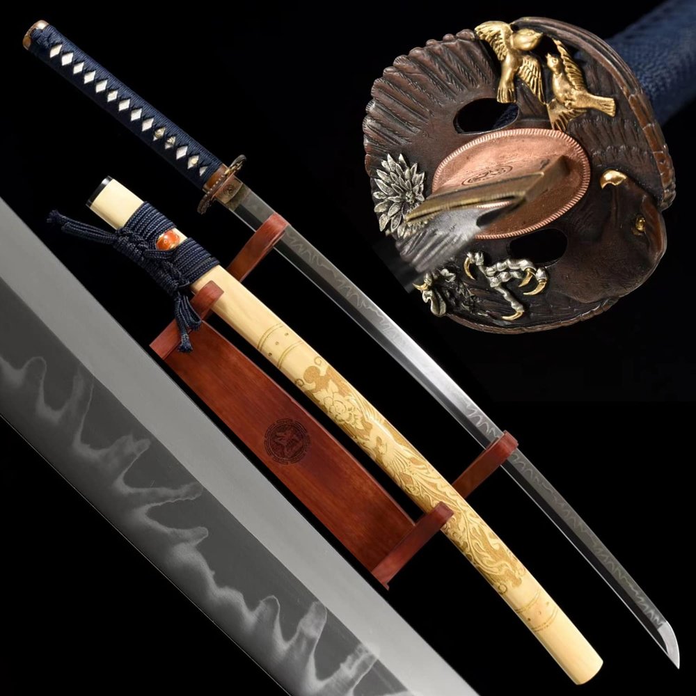 HERO SWORD Japanese Handmade Samurai Katana Sword Full Tang T10 Steel Clay Tempered Blade Advanced Samurai Sword Eagle Theme for Home Protection Collection and Gift