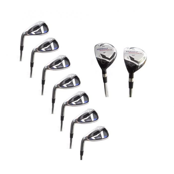 AGXGOLF Men's Left Hand Senior Flex, Regular Length Wide Sole Irons Set (9 Clubs): 3 & 4 Hybrid Irons + 5, 6, 7, 8 & 9 Irons + Wide Sole Pitching Wedge + Bonus Sand Wedge; USA Bilt!