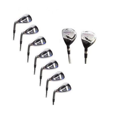 AGXGOLF Men's Left Hand Stiff Flex, Cadet Length (-1 inch) Wide Sole Irons Set (9 Clubs): 3 & 4 Hybrid Irons + 5, 6, 7, 8 & 9 Irons + Wide Sole Pitching Wedge + Bonus Sand Wedge; US Bilt