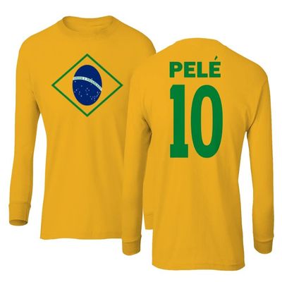FLAURA Pele 10 Brazil Soccer Goat Jersey Style Tribute Youth Long Sleeve T-Shirt (Gold, Youth Medium)