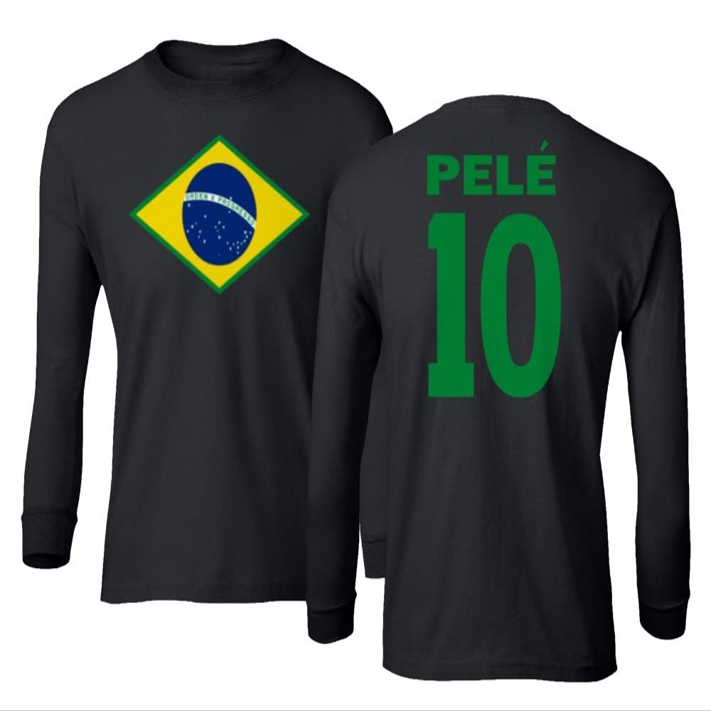 FLAURA Pele 10 Brazil Soccer Goat Jersey Style Tribute Youth Long Sleeve T-Shirt (Black, Youth Small)