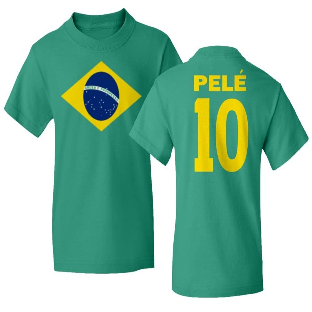 FLAURA Pele 10 Brazil Soccer Goat Jersey Style Tribute Youth Unisex T-Shirt (Green, Youth Large)