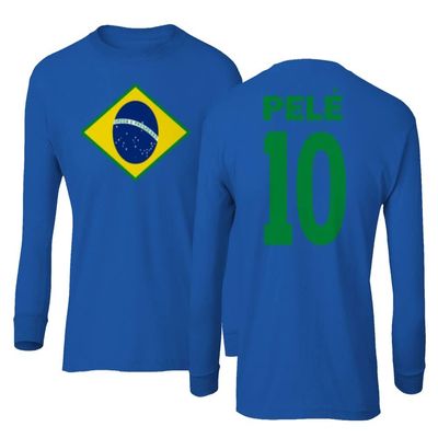 Pele 10 Brazil Soccer Goat Jersey Style Tribute Youth Long Sleeve T-Shirt (Royal, Youth Small)