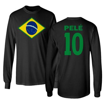FLAURA Pele 10 Brazil Soccer Goat Jersey Style Tribute Long Sleeve T-Shirt (Black, Large)