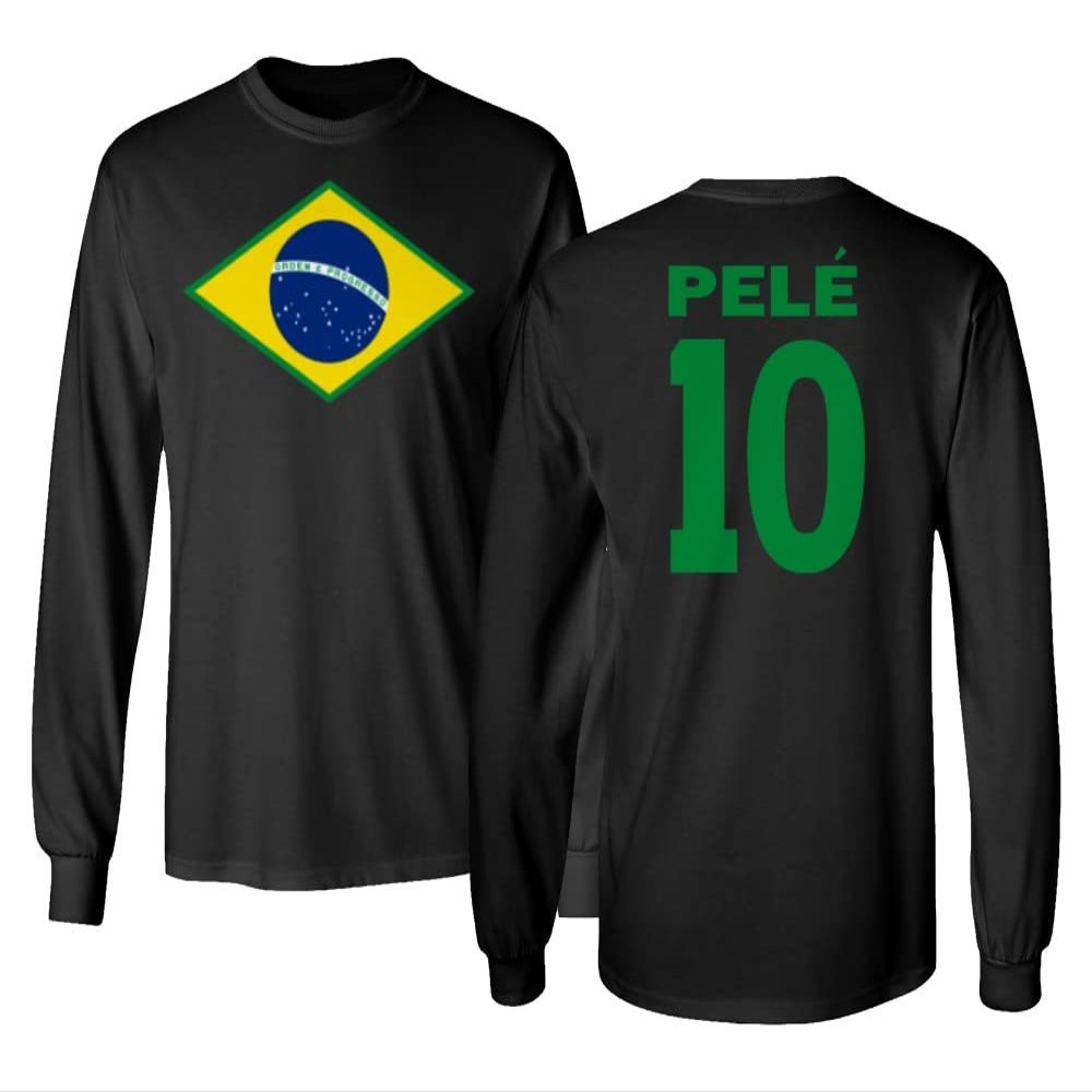 FLAURA Pele 10 Brazil Soccer Goat Jersey Style Tribute Long Sleeve T-Shirt (Black, Large)