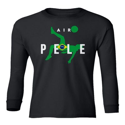 FLAURA Air Pele Soccer Legend Brazil Tribute Memory Youth Long Sleeve T-Shirt (Black, Youth Large)