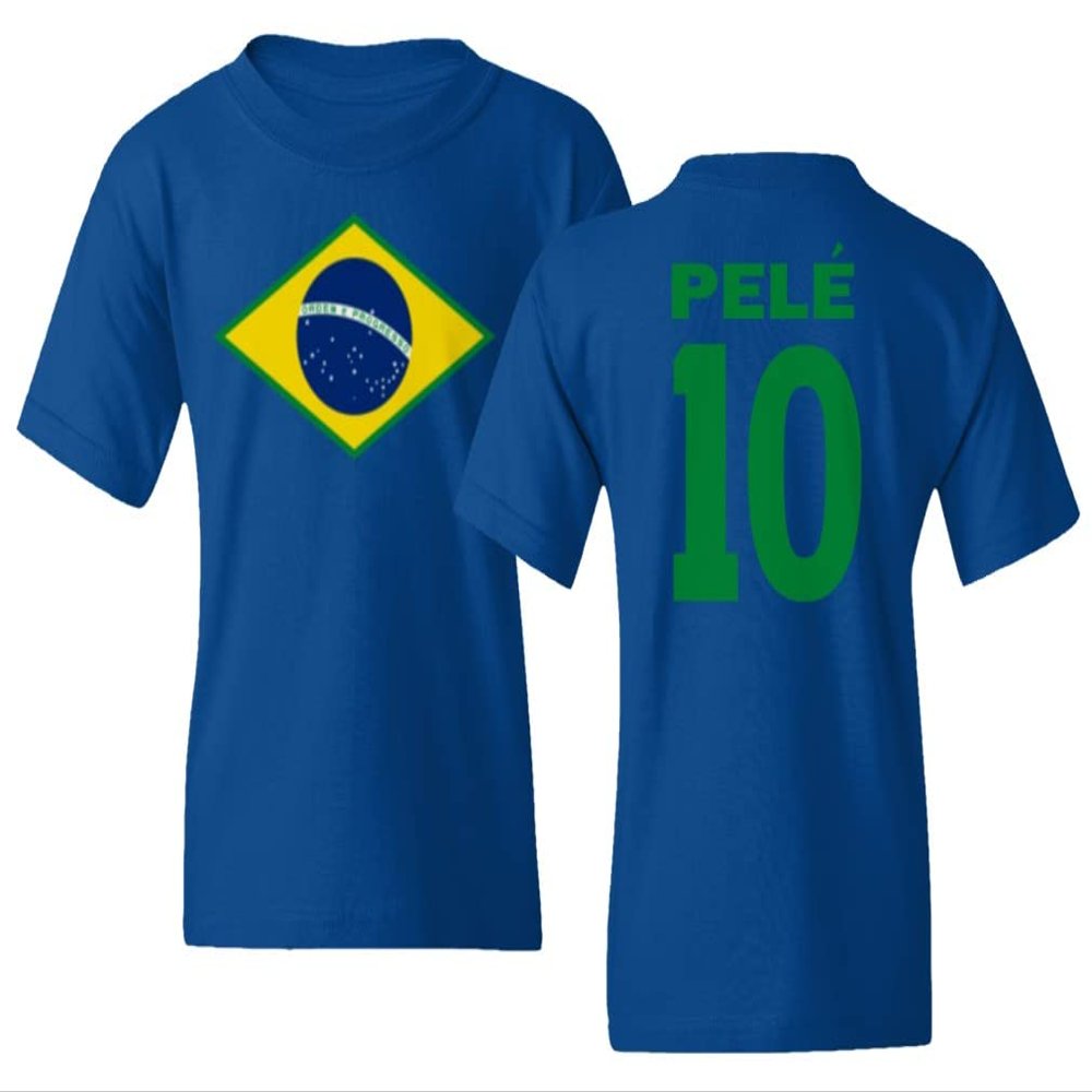 Pele 10 Brazil Soccer Goat Jersey Style Tribute Youth Unisex T-Shirt (Royal, Youth X-Large)