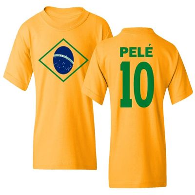 FLAURA Pele 10 Brazil Soccer Goat Jersey Style Tribute Youth Unisex T-Shirt (Gold, Youth Medium)