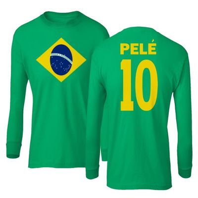 FLAURA Pele 10 Brazil Soccer Goat Jersey Style Tribute Youth Long Sleeve T-Shirt (Green, Youth X-Large)