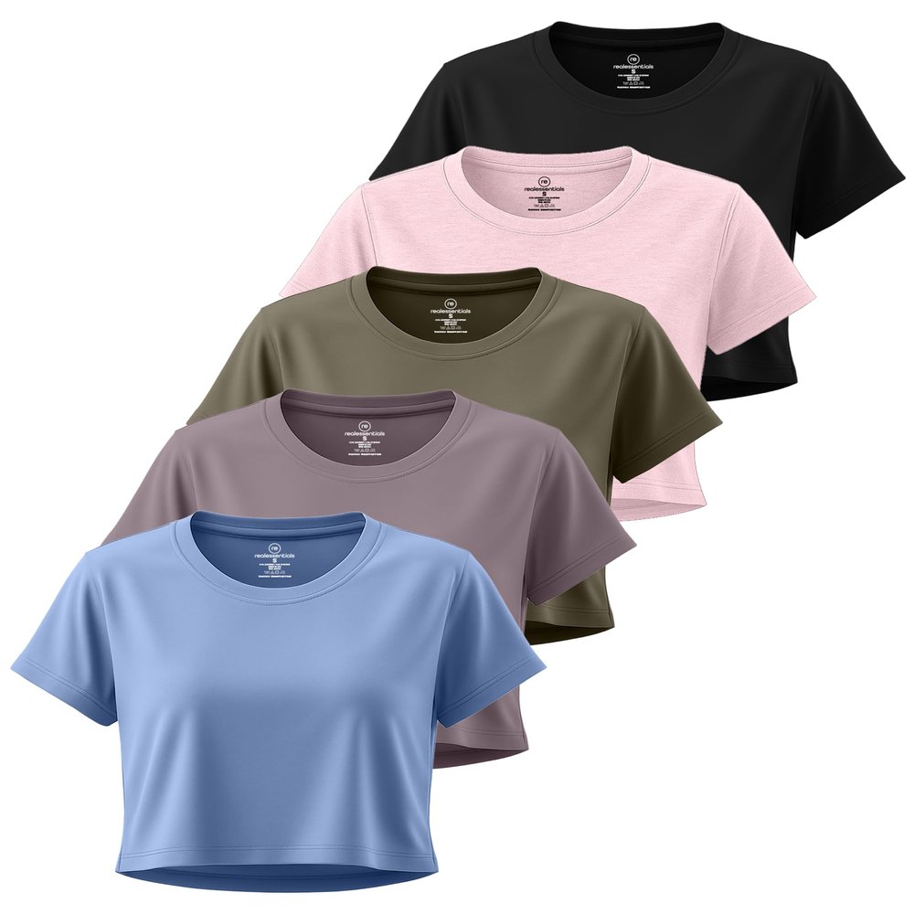 Real Essentials 5 Pack: Women's Dry-Fit Crop Top Short Sleeve Shirts Workout Gym Cropped Athletic Tee (Available in Plus) - Set 10, XL