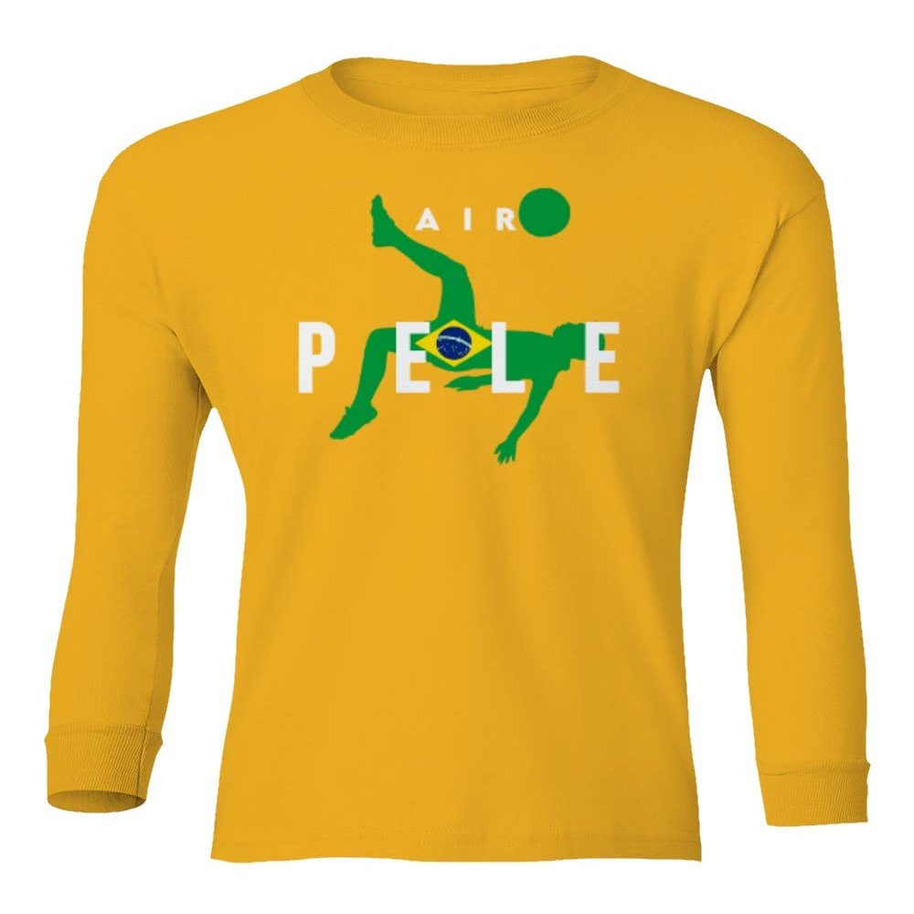 FLAURA Air Pele Soccer Legend Brazil Tribute Memory Youth Long Sleeve T-Shirt (Gold, Youth Large)