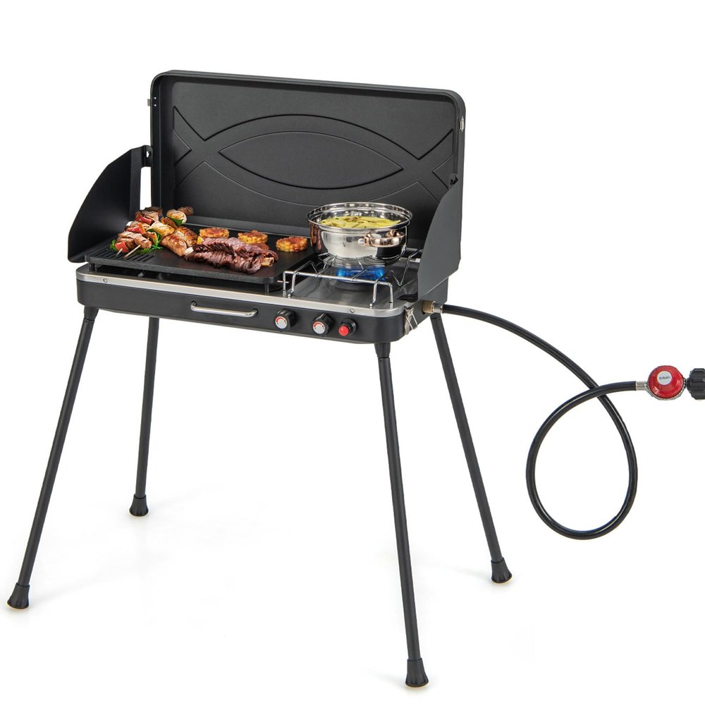 Giantex 2-in-1 Gas Camping Grill and Stove, Portable Propane Grill Burner with Dual Control Knobs, Detachable Legs, 3-Sided Wind Screen, Gas Hose with Regulator, 20,000 Total BTUs (Black)