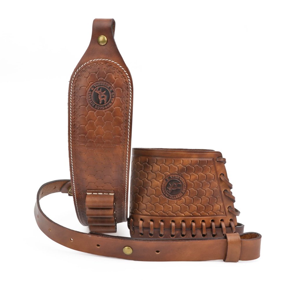 TOURBON Vintage Leather Recoil Pad Slip on Shotgun Buttstock Cover, Adjustable Gun Sling with Shell Holder and Swivels