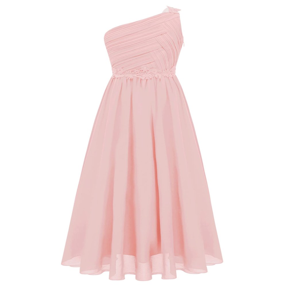 FEESHOW Girls One Shoulder Junior Bridesmaid Dress Kids Lace Chiffon Maxi Ball Gown Wedding Evening Party Pink 10 Years