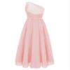 FEESHOW Girls One Shoulder Junior Bridesmaid Dress Kids Lace Chiffon Maxi Ball Gown Wedding Evening Party Pink 10 Years view 2