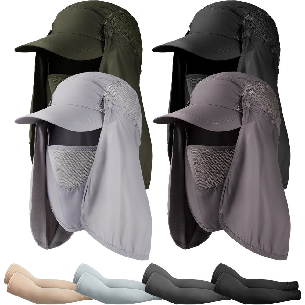 4 Pair Sun Hat Fishing Hats UPF 50+ Outdoor Hiking Hat UV Sun Protection Hat with Neck Flap Face Mask and 4 Pack Arm Sleeves for Men Women (Black, Dark Gray, Light Gray, Army Green)