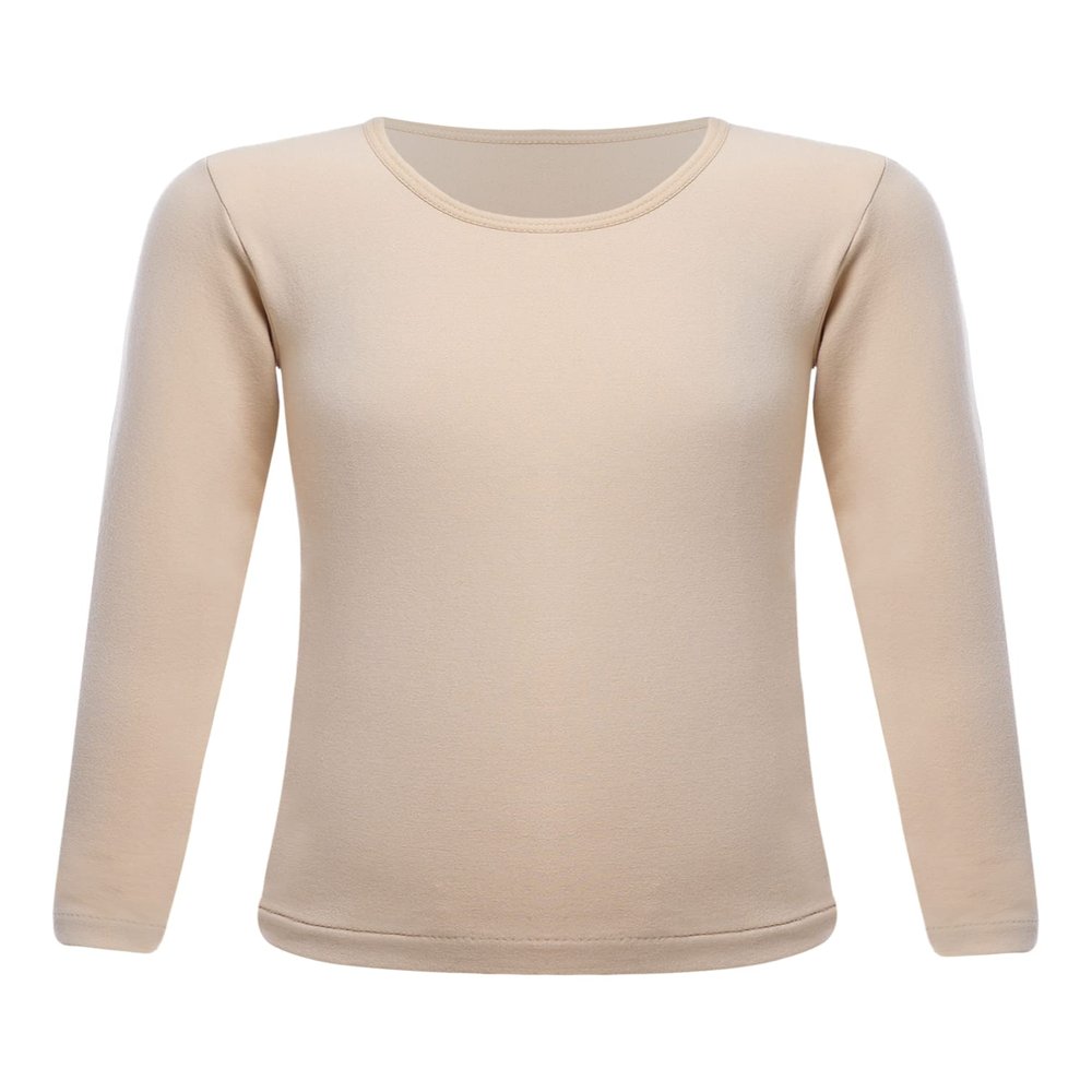 TiaoBug Kids Boys Girls Fleece Lined Thermal Underwear Tops Long John Gymnastics Ballet Dance Undergarments T-Shirt Nude 7-10 Years