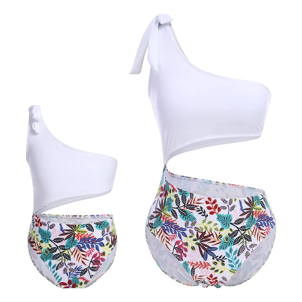 Mommy and Me Swimsuits Family Matching Swimwear Women Girls Floral Print One Piece Swimsuit Bathing Suits Mother Daughter One Shoulder Swimwear Monokinis White Floral - One Shoulder 7-8 Years