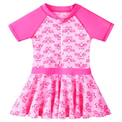 BAOHULU Toddler Girls Swimsuit One Piece Short Sleeve Floral Dress Swimwear 3-8 Years S386_PinkSwan_104/110