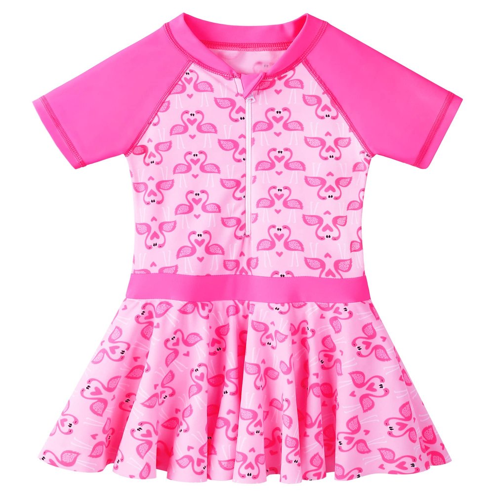 BAOHULU Toddler Girls Swimsuit One Piece Short Sleeve Floral Dress Swimwear 3-8 Years S386_PinkSwan_104/110