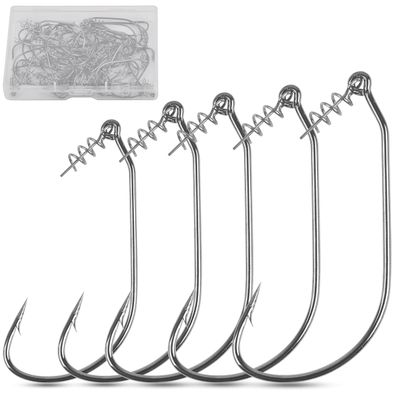 Twistlock Fishing Hooks,50pcs Bass Fishing Worm Hooks with Centering Spring Pin Swimbait Hooks for Soft Plastics Lures Baits Saltwater Freshwater Size 1/0 2/0 3/0 4/0 5/0