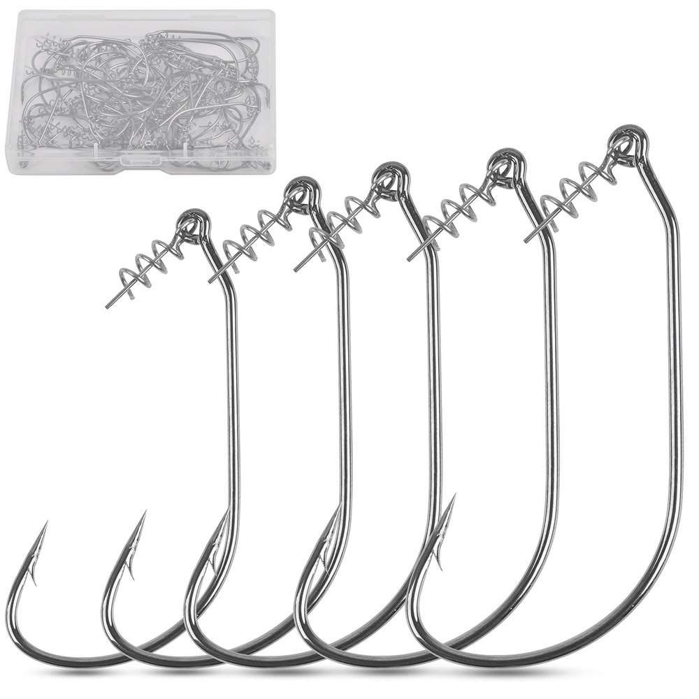 Twistlock Fishing Hooks,50pcs Bass Fishing Worm Hooks with Centering Spring Pin Swimbait Hooks for Soft Plastics Lures Baits Saltwater Freshwater Size 1/0 2/0 3/0 4/0 5/0