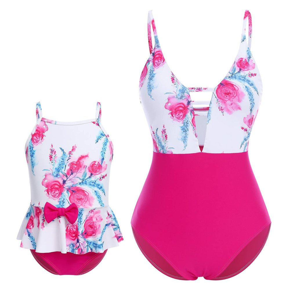 Mommy and Me Swimsuits Family Matching Swimwear Women Girls Long Sleeve UV Sun Protection Rash Guard Shirts Monokinis Halter Striped Print One Piece Swimsuit Bathing Suits Hot Pink Floral L