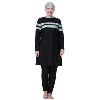 Plus Size Muslim Swimsuits for Women Modest Islamic Swimwear Burkini Full Cover Hijab Long Sleeve Muslim Dress Top Pants Cap Set 3PCS Sun Protection Rash Guard Fat Bathing Suits Blue Striped Print 5XL