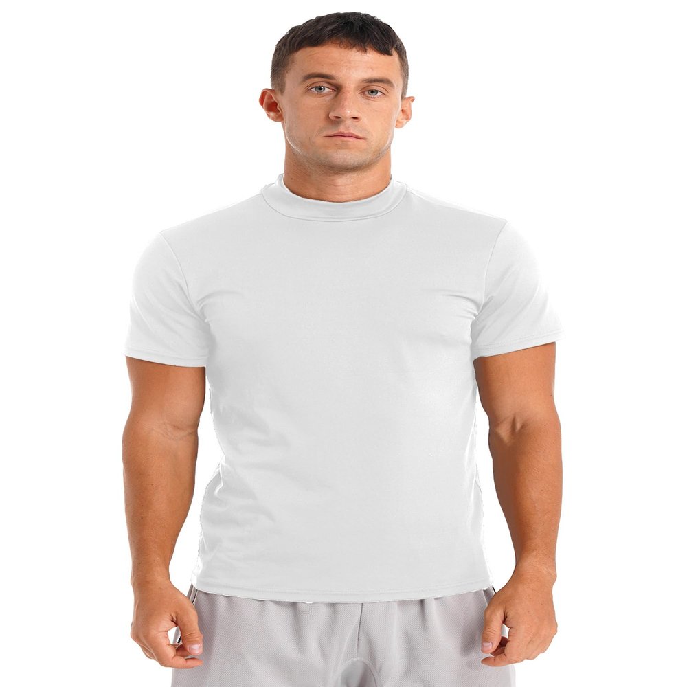 YEAHDOR Mens Mock Neck T Shirts Short Sleeve Turtleneck Casual Undershirt Pullover Thermal Solid Tops White A Medium