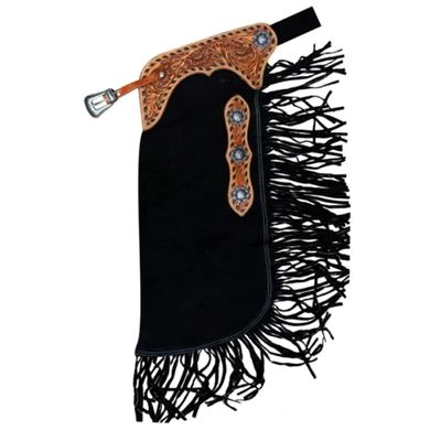 Custom Handmade Western Chinks Suede Leather Floral Basket Tooling Chaps for Kids Adult Men Women Unisex ME-LCH-005 (Black, X-Small)