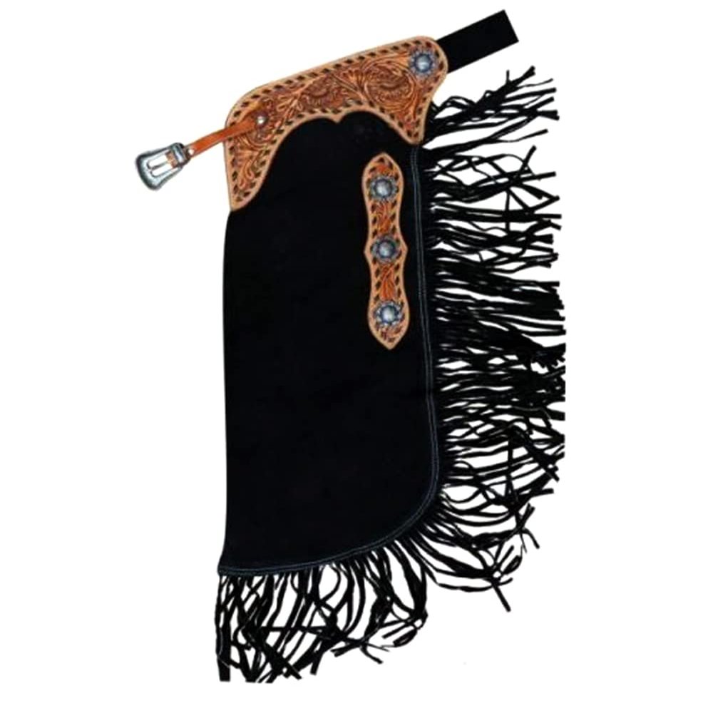 Custom Handmade Western Chinks Suede Leather Floral Basket Tooling Chaps for Kids Adult Men Women Unisex ME-LCH-005 (Black, X-Small)