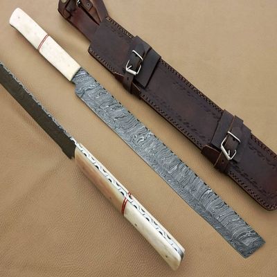 Fully Custom Handmade Damascus Steel Sword | Full Tang Machete Sword with Camel Bone Handle & Leather Sheath