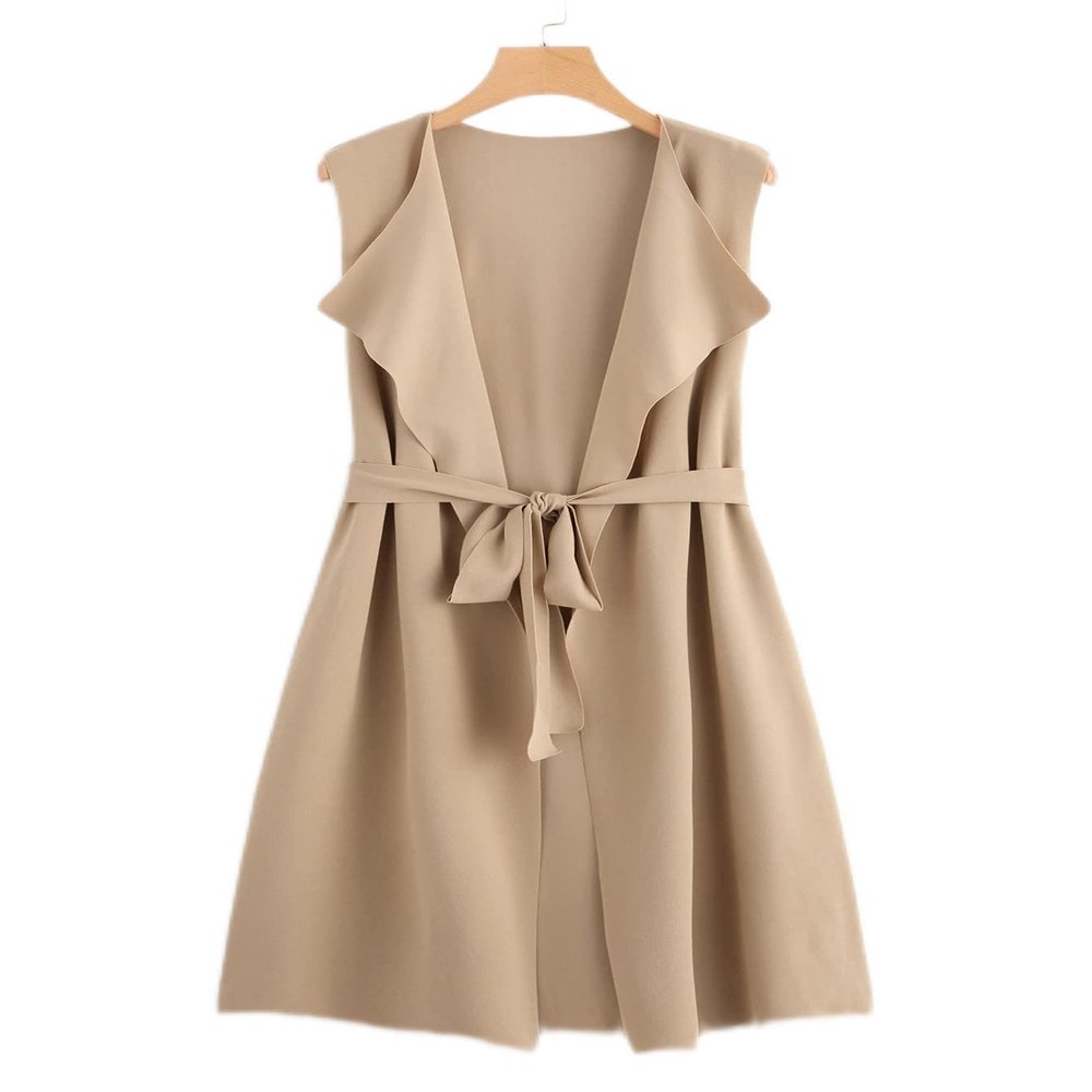 GLOPUK BOBONI Women's Jackets Autumn Solid Waterfall Vest Coat with Belt Lightweight Fashion (Color : Khaki, Size : Small)
