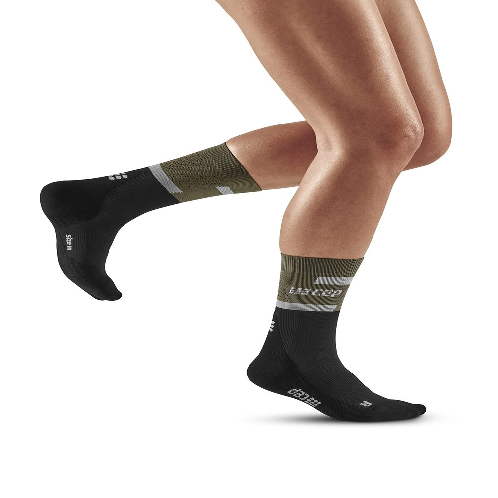 CEP The Run Socks, Women's, Mid Cut Crew, 4.0, Running Socks, Olive/Black, SM II