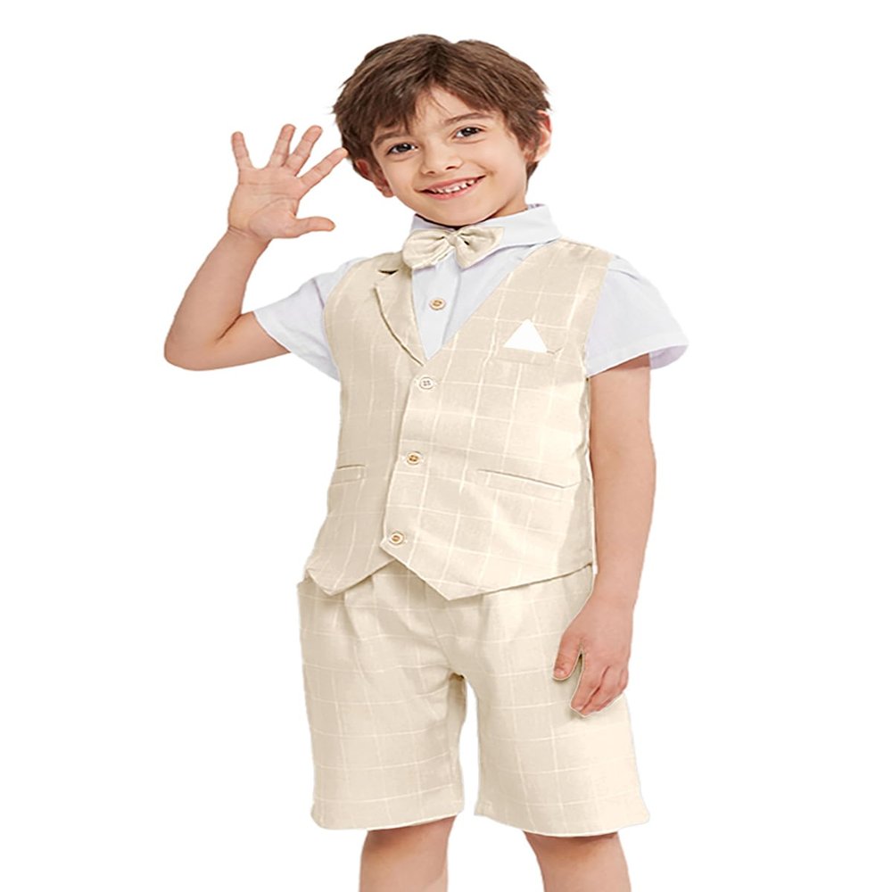 LOLANTA Summer Boys Suit Dress Clothes Kids Wedding Ring Bearer Outfit 4Pcs Shirt Vest Shorts Set(Khaki,4)
