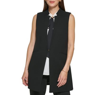 DKNY Womens Sleeveless Pleated Top With Tie Neck, Black, 2