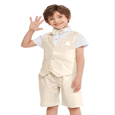 LOLANTA Summer Boys Suit Dress Clothes Kids Wedding Ring Bearer Outfit 4Pcs Shirt Vest Shorts Set(Khaki,10)
