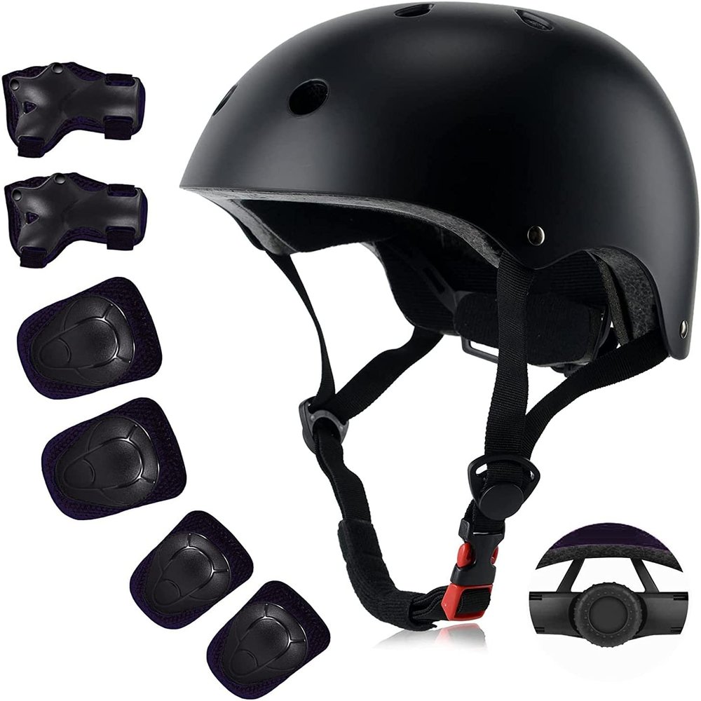 Kids Bike Helmet Set, CPSC Certified with Knee Pads Elbow Pads Wrist Guards,Adjustable Helmet for Ages 3-5-8-15 Toddler Kids&Youth,Bicycle Skateboarding (Black, Medium (8-15 Years))