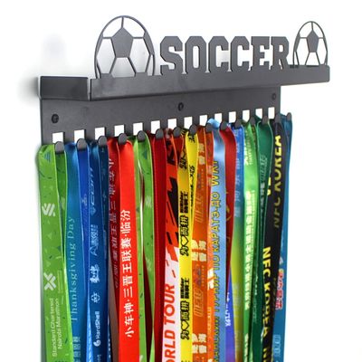 16" SOCCER Medals Hanger Display Trophy Shelf, Metal Floating Shelves Medal Holder for Wall, 3" Shelf with Hooks, Easy Mount Ribbon Medal Rack, Soccer Girl Gifts for Kids & Adults (Black)