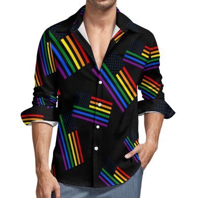 AmericaLGBT Gay Pride Rainbow Flag Men's Shirts Long Sleeve Button-Down Blouse Casual Tee Top XS
