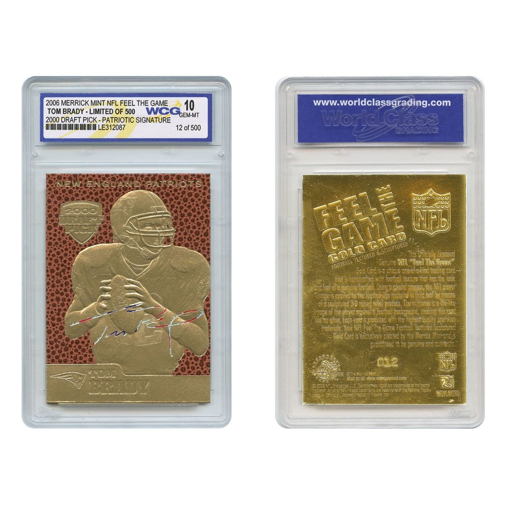 Tom Brady 2000 Draft Pick Feel The Game Throwback Footbal Textured Gold Card Rookie Limted Edition of 500 - Graded GEM Mint 10