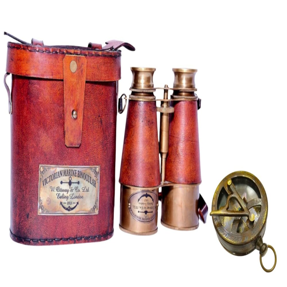 Nautical Marine Binocular Leather Case with Antique Brass Compass