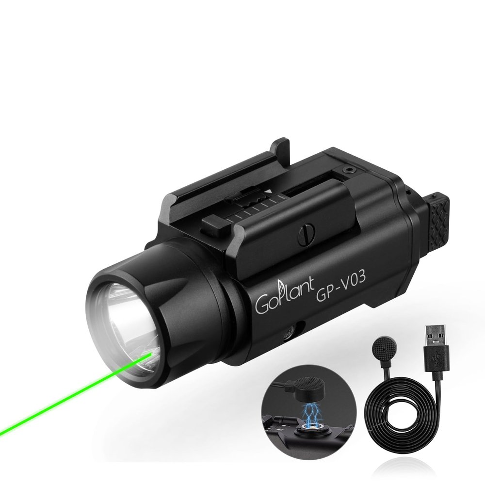GOPLANT 1750 Lumens Weapon Laser Light Combo - Adjustable Rail LED Light and Green Laser Flashlight, Aircraft-Grade Aluminum, Magnetic Rechargeable Strobe Tactical Flashlight for Picatinny or GL Rail