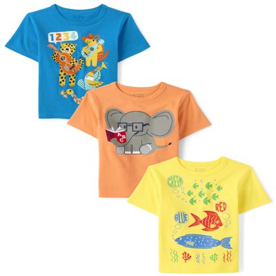 The Children's Place Baby Boy's and Toddler School Days Short Sleeve Graphic T-Shirts,Multipacks, 123/Reading/Fishes 3-Pack, 3T
