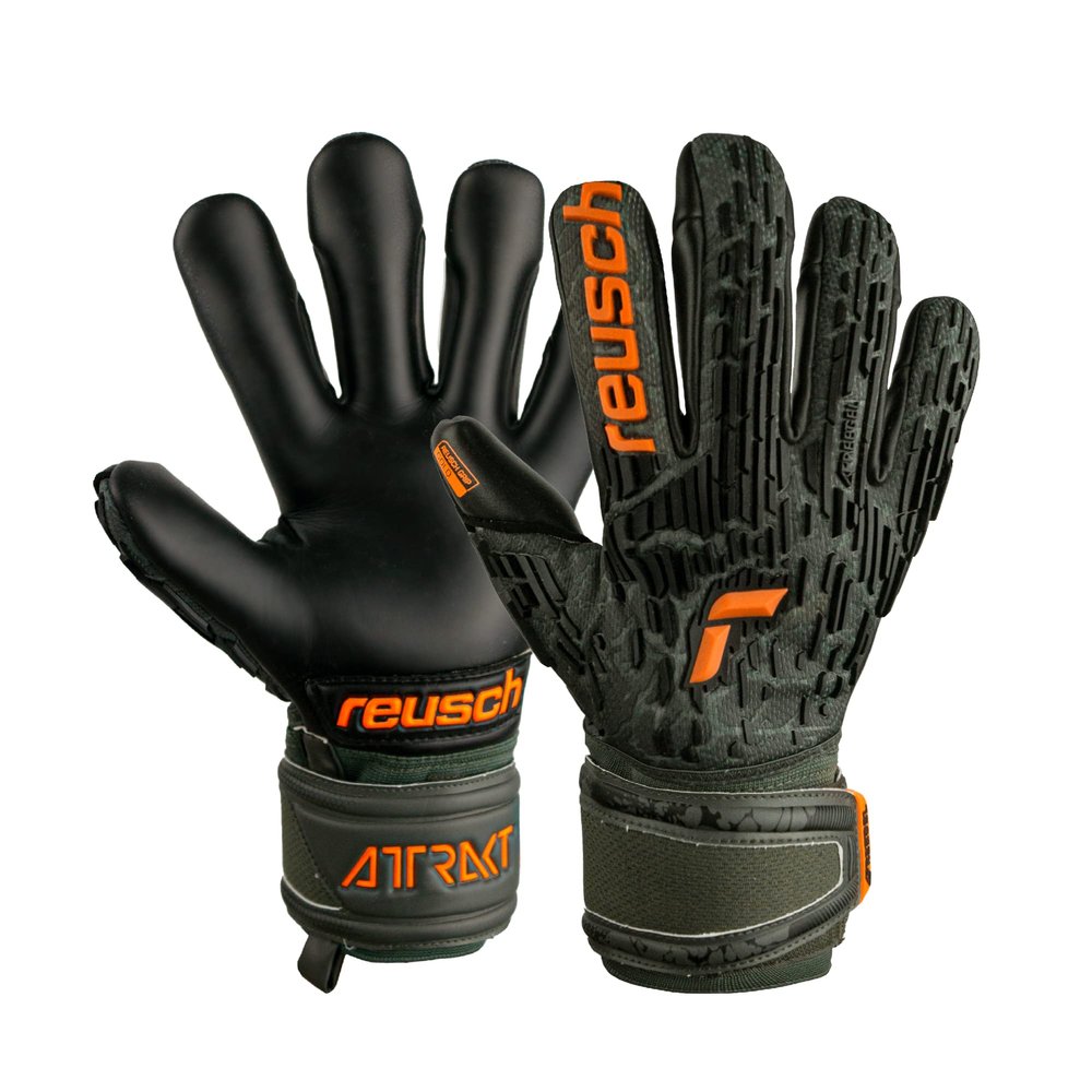 Reusch Attrakt Freegel Gold Finger Support Goalkeeper Gloves, Desert Green/Shocking Orange/Black, Size 8