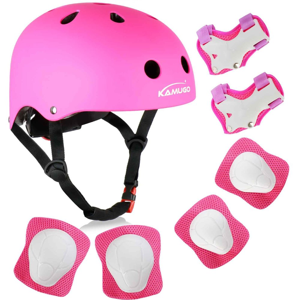 KAMUGO Kids Bike Helmet, Toddler Helmet for Ages 2-8 Boys Girls with Sports Protective Gear Set Knee Elbow Wrist Pads for Skateboard Cycling Scooter Rollerblading (DarkPink)