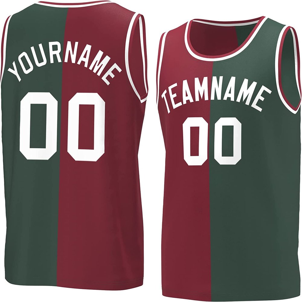 Bicolor Custom Basketball Jersey Personalized Printed Your Own Name & Number Men/Women/Kids Breathable Quick Dry Sportswear (11_Crimson-Huntergreen-White)